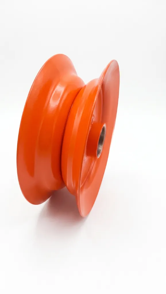 Orange powder coated wheel disc angled profile showing deep rim flanges and center hub