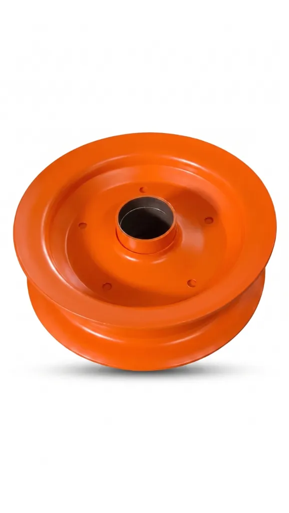 Single orange powder coated wheel disc top down view