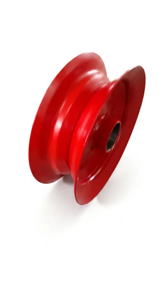 Red powder coated wheel disc side profile view showing heavy duty rim flange and hub