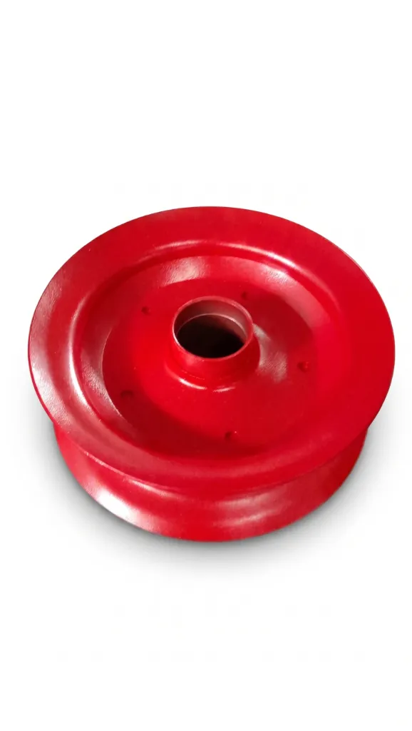 Red powder coated wheel disc top down view showing center bore and mounting holes