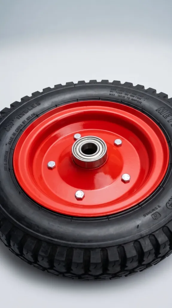 Red wheel disc fitted with heavy duty pneumatic tyre and precision sealed ball bearing hub